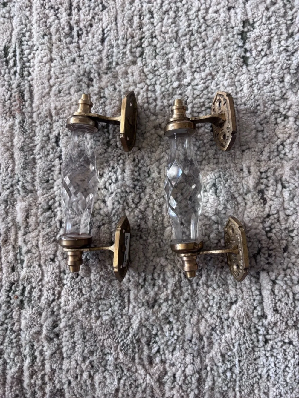 Antique Style 7'' Crystal Cut White Glass Brass Door Handle 2 Pc Collectible